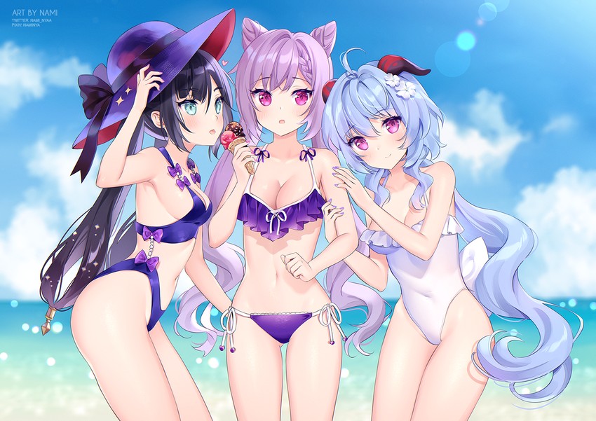 ganyu, mona, and keqing (genshin impact) drawn by nami_(nyaa)