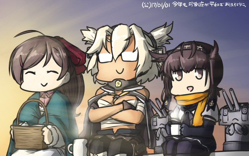 musashi, hatsuzuki, mamiya, chou-10cm-hou-chan, and musashi kai (kantai collection) drawn by hamu_koutarou