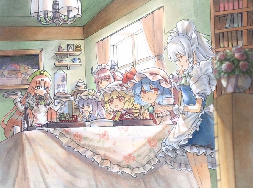 remilia scarlet, flandre scarlet, izayoi sakuya, patchouli knowledge, hong meiling, and 1 more (touhou) drawn by hisako_(6anmbblfnjueeff)
