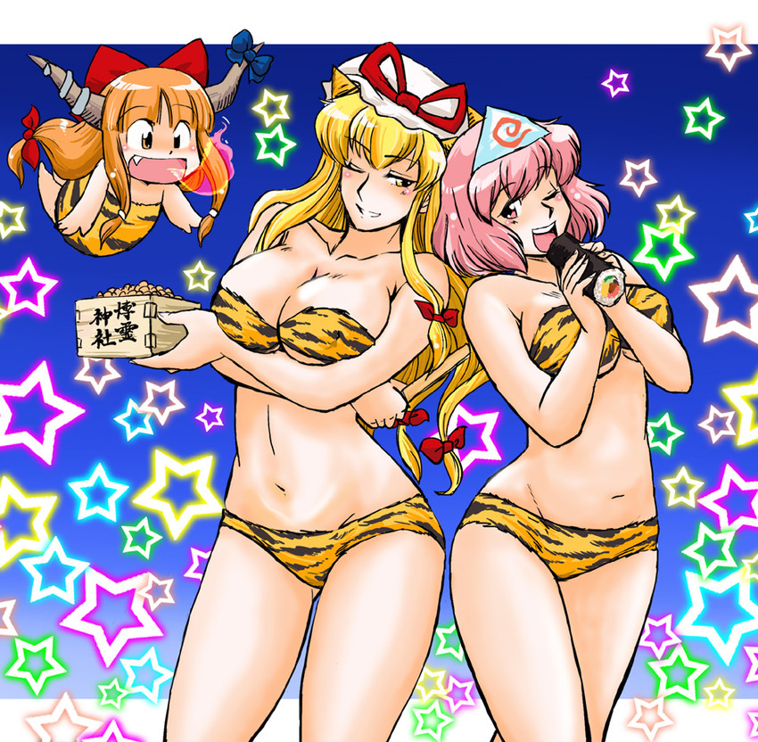 yakumo yukari, saigyouji yuyuko, ibuki suika, lum, and ten (touhou and 1 more) drawn by azuki_osamitsu