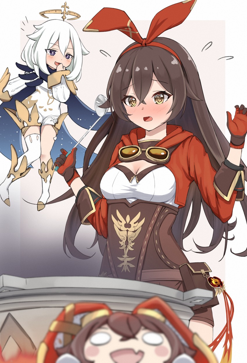 paimon, amber, and baron bunny (genshin impact) drawn by taitan