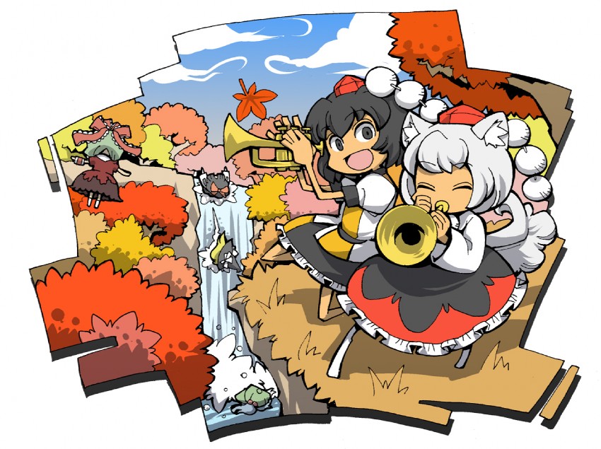 hakurei reimu, kirisame marisa, shameimaru aya, inubashiri momiji, kawashiro nitori, and 1 more (touhou) drawn by hounori