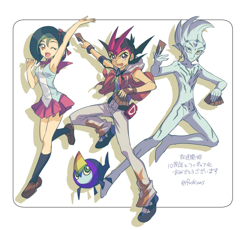 mizuki kotori, tsukumo yuma, astral, and rainbow kuriboh (yu-gi-oh! and 1 more) drawn by fushitasu