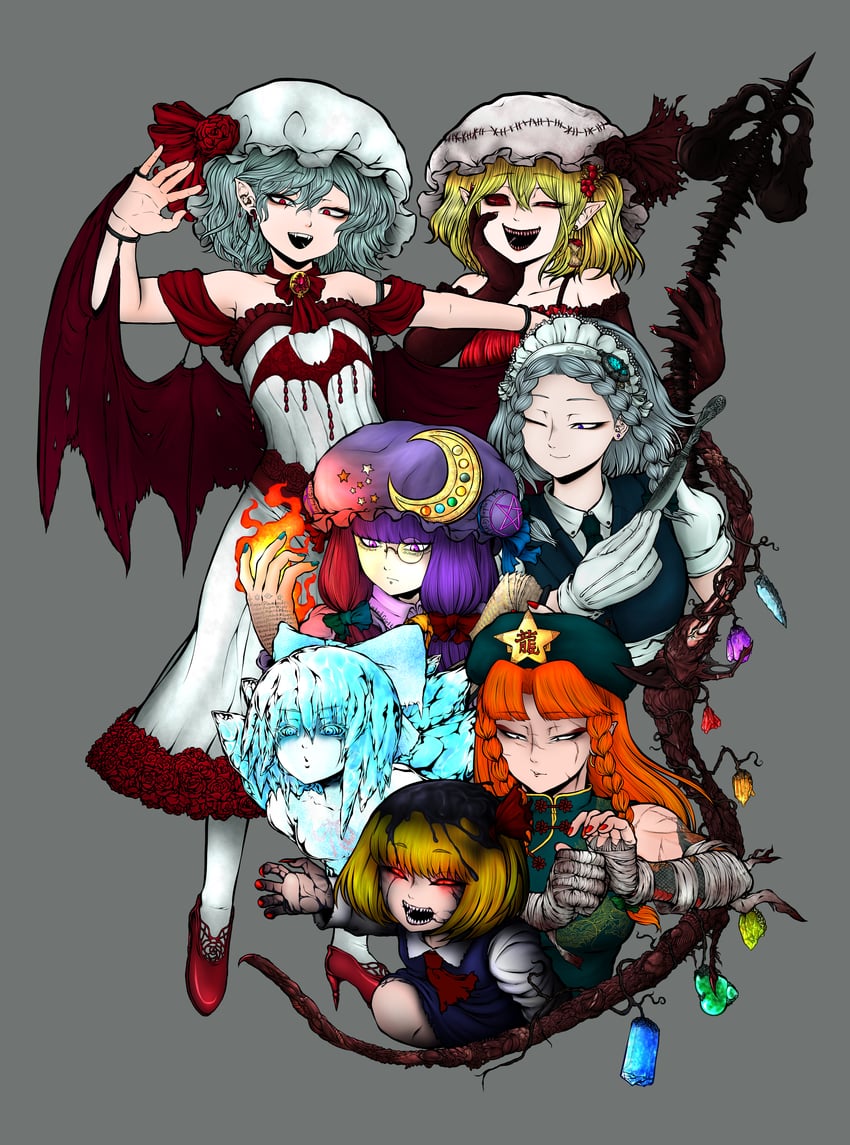 remilia scarlet, flandre scarlet, izayoi sakuya, cirno, patchouli knowledge, and 2 more (touhou and 1 more) drawn by miazuma_sarin