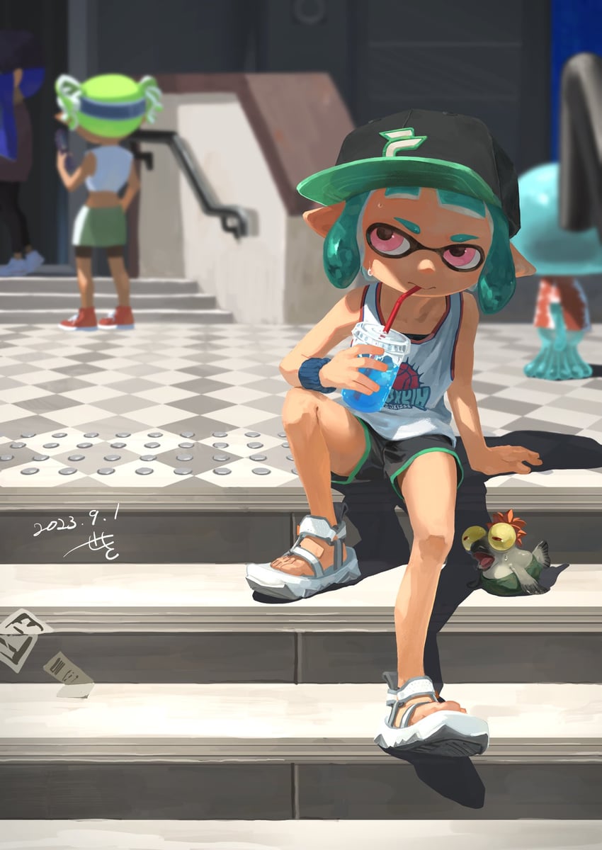 inkling player character, inkling girl, smallfry, and jellyfish (splatoon and 1 more) drawn by seki_(vcyr2733)