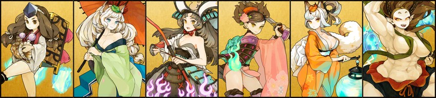 momohime, kongiku, yuzuruha, torahime, raijin, and 1 more (oboro muramasa) drawn by kaworu