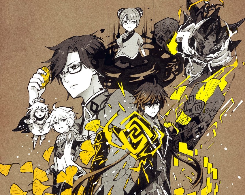 aether, zhongli, paimon, azhdaha, kun jun, and 1 more (genshin impact) drawn by misoshiru_umai4
