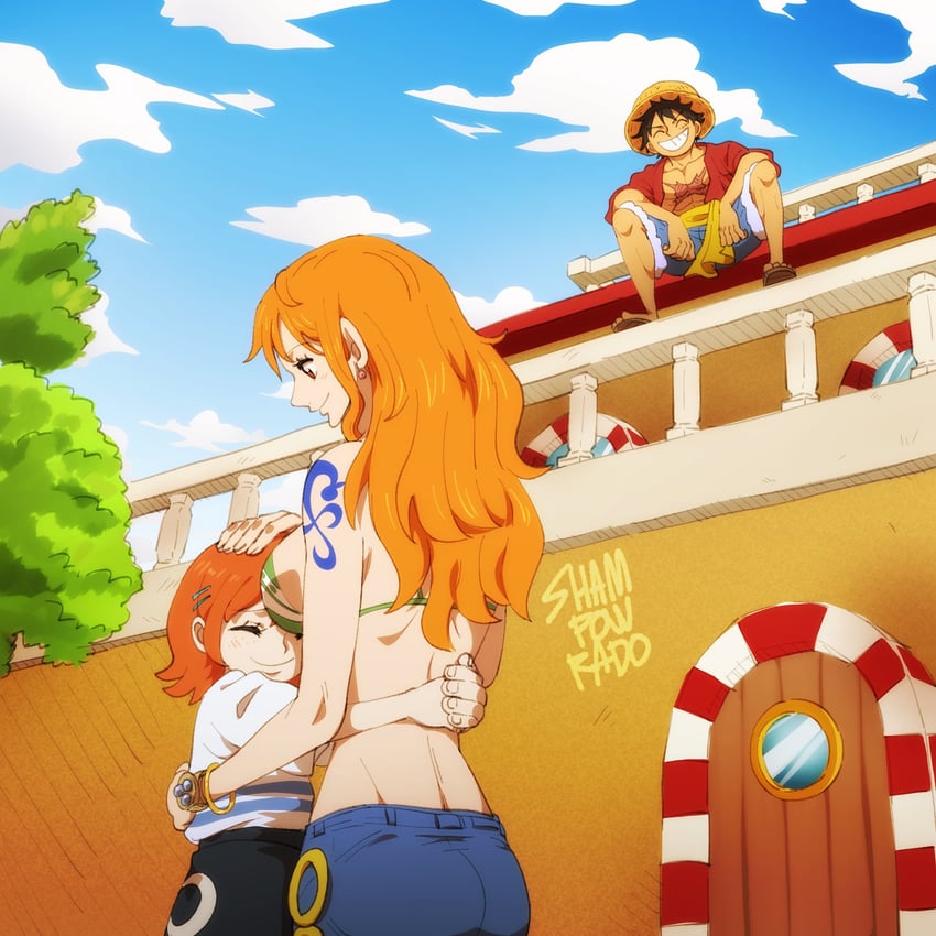 nami, monkey d. luffy, thousand sunny, and nami's fangirl (one piece and 1 more) drawn by shampowrado