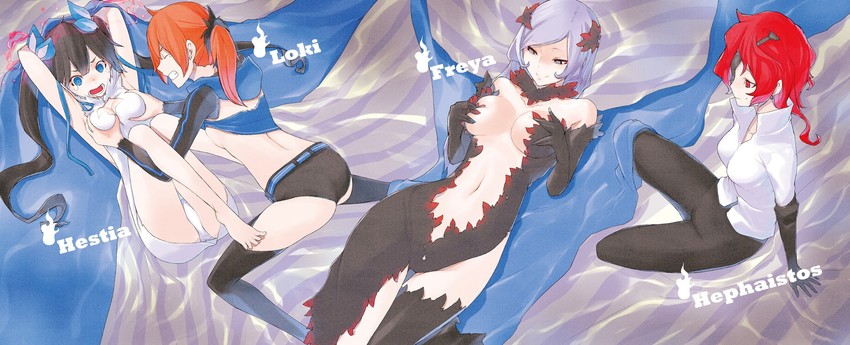 hestia, freya, loki, and hephaistos (dungeon ni deai wo motomeru no wa machigatteiru darou ka) drawn by yasuda_suzuhito