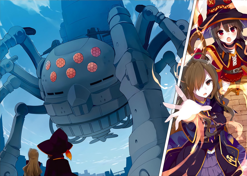 megumin, wiz, and mobile fortress destroyer (kono subarashii sekai ni shukufuku wo!) drawn by mishima_kurone