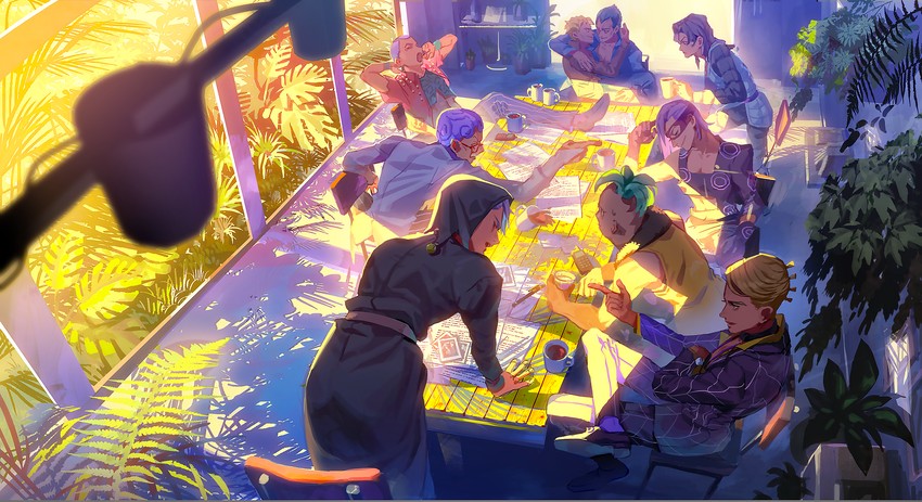 prosciutto, risotto nero, melone, ghiaccio, illuso, and 4 more (jojo no kimyou na bouken and 1 more) drawn by meipu_hm