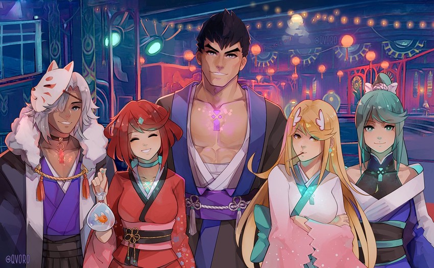 pyra, mythra, pneuma, malos, and alvis (xenoblade chronicles and 2 more) drawn by qvoro