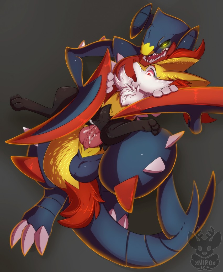 garchomp, braixen, and mega garchomp (pokemon) drawn by niro_(xnirox)