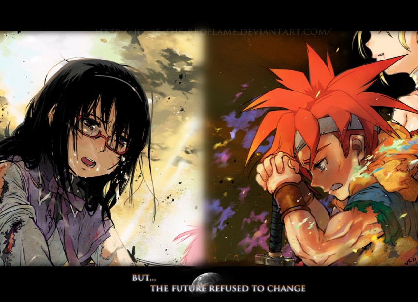 akemi homura, crono, and marle (mahou shoujo madoka magica and 1 more) drawn by overlord_jc