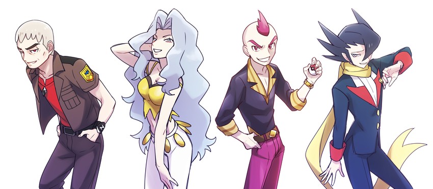 grimsley, karen, nanu, and sidney (pokemon and 4 more) drawn by momoji_(lobolobo2010)