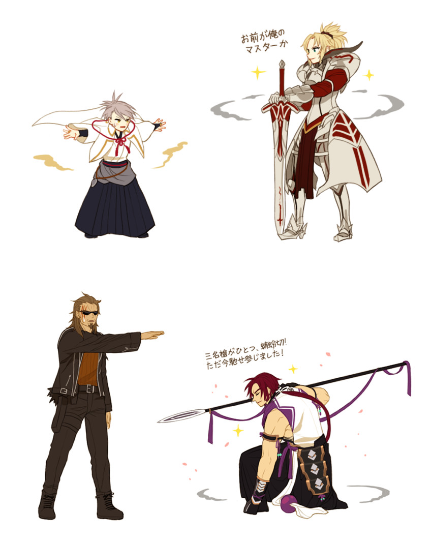 mordred, tonbokiri, shishigou kairi, and saniwa (fate and 3 more) drawn by twoframe