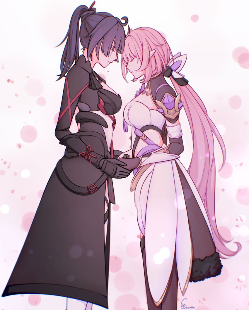 elysia and raiden mei (honkai and 1 more) drawn by catandcrumbles