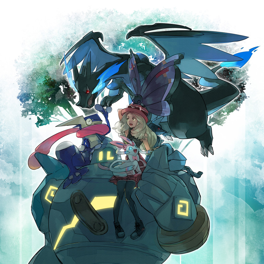 serena, charizard, lucario, sylveon, greninja, and 3 more (pokemon and 1 more) drawn by mau_knk