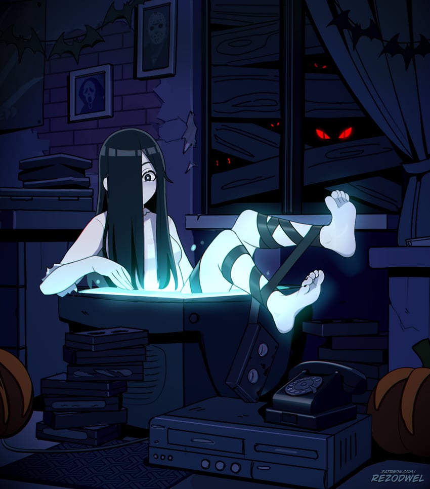 yamamura sadako, jason voorhees, and ghostface (the ring and 3 more) drawn by rezodwel