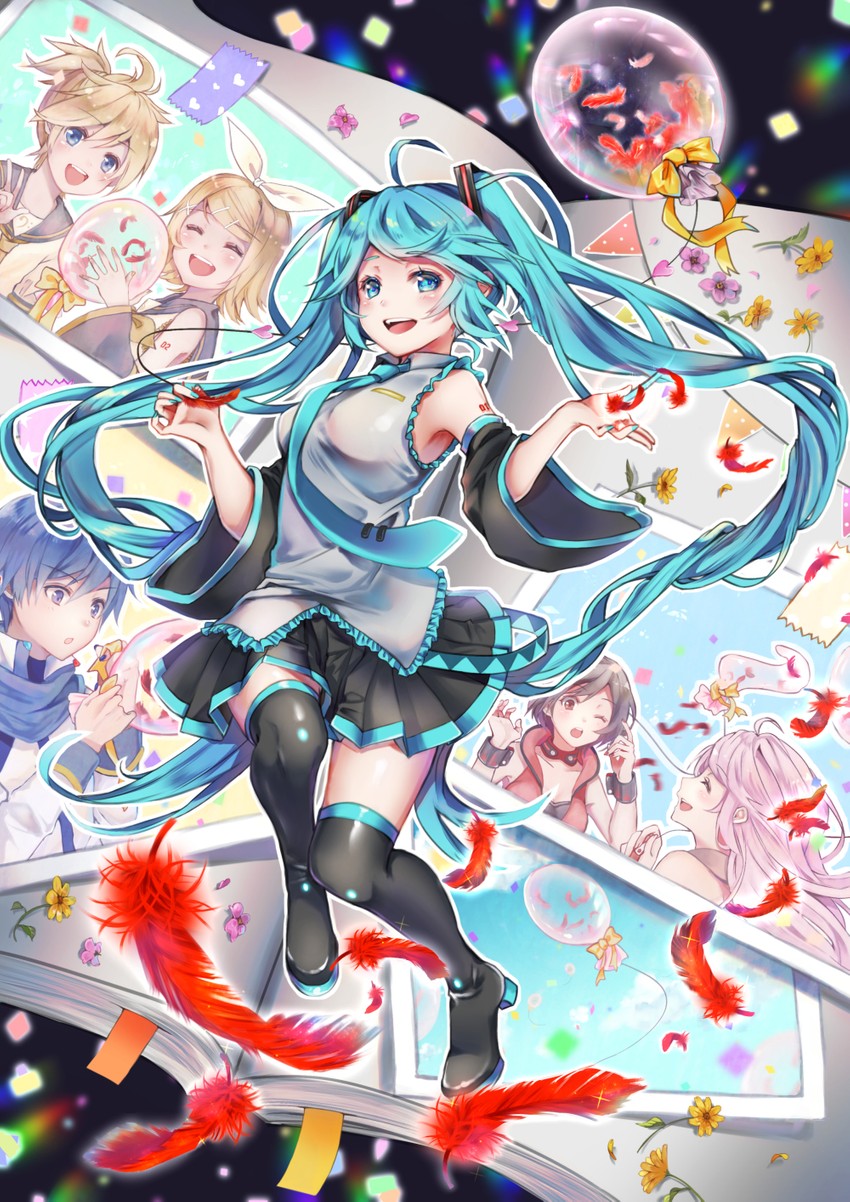 hatsune miku, kagamine rin, kagamine len, megurine luka, kaito, and 1 more (vocaloid) drawn by kyashii_(a3yu9mi)