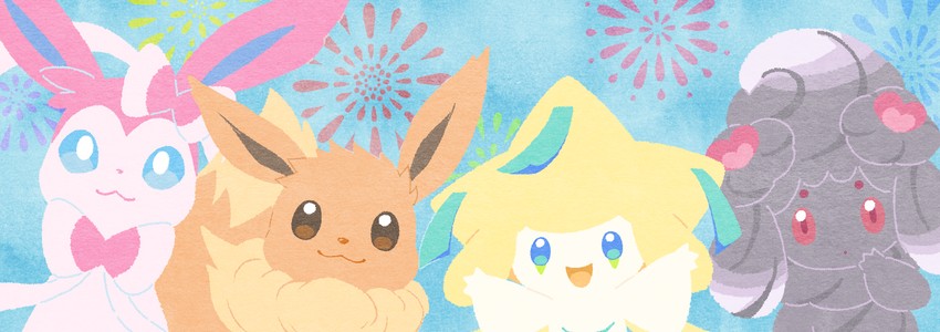 eevee, sylveon, jirachi, and alcremie (pokemon) drawn by punico_(punico_poke)
