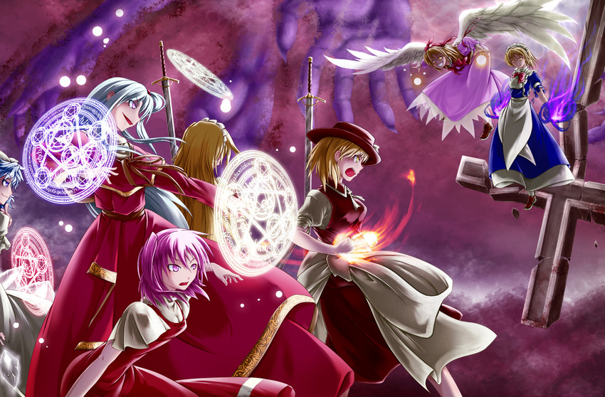 shinki, yumeko, gengetsu, mai, mugetsu, and 2 more (touhou) drawn by kanimiso