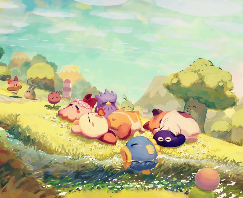 kirby, gooey, morpho knight, whispy woods, kine, and 8 more (kirby and 1 more) drawn by suyasuyabi