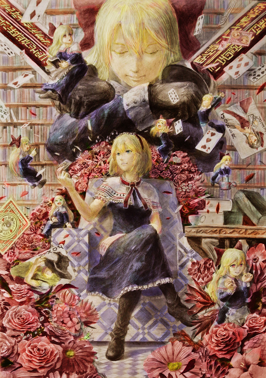 hakurei reimu, kirisame marisa, alice margatroid, shanghai doll, and goliath doll (touhou) drawn by hiru