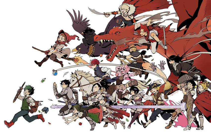 midoriya izuku, uraraka ochaco, bakugou katsuki, todoroki shoto, asui tsuyu, and 13 more (boku no hero academia) drawn by lowah