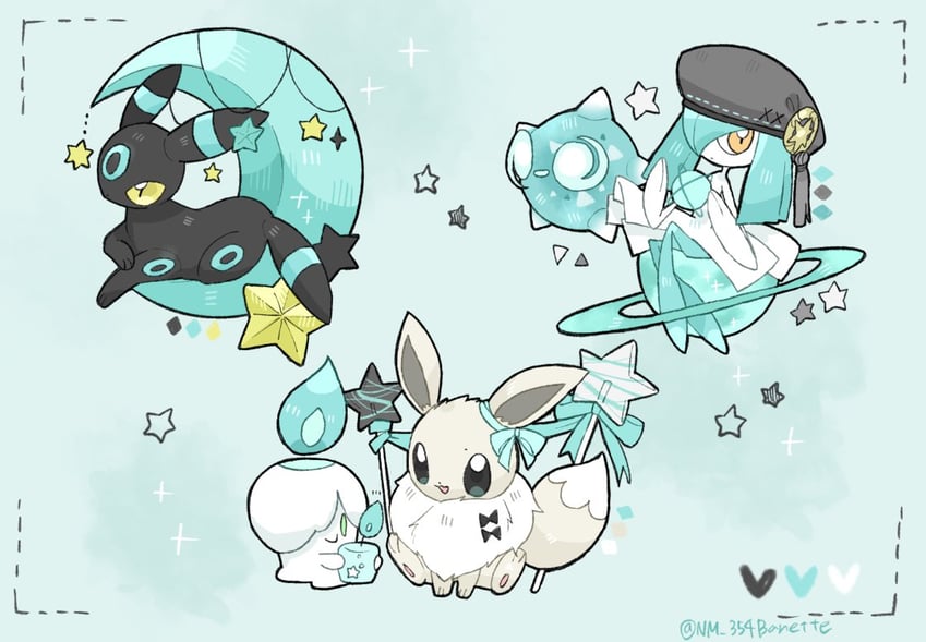 eevee, umbreon, kirlia, litwick, and minior (pokemon) drawn by nm_354banette