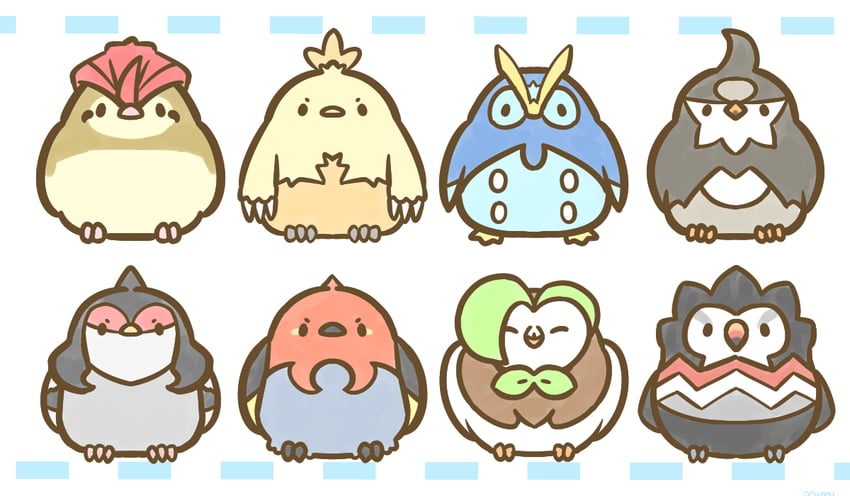 pidgeotto, combusken, dartrix, prinplup, staravia, and 3 more (pokemon) drawn by 773mimisuke