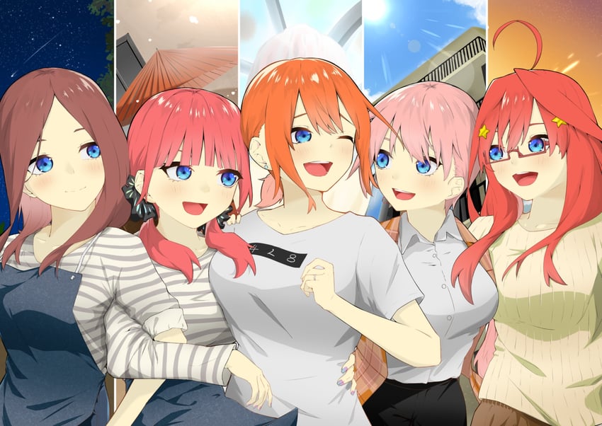 nakano nino, nakano miku, nakano yotsuba, nakano ichika, and nakano itsuki (go-toubun no hanayome) drawn by fumitsubusareta_taka