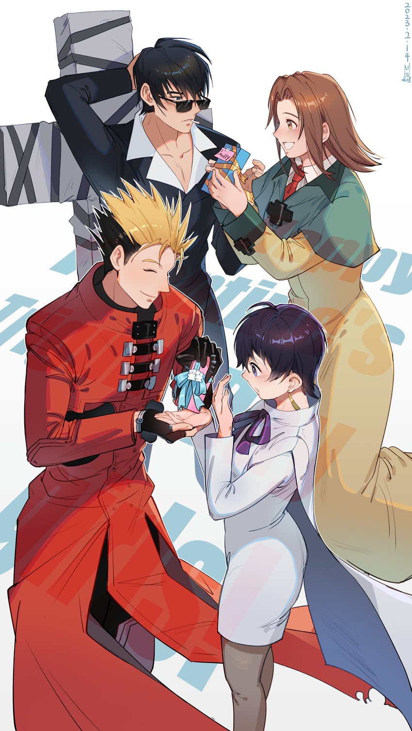 vash the stampede, nicholas d. wolfwood, meryl stryfe, and milly thompson (trigun) drawn by lehmann