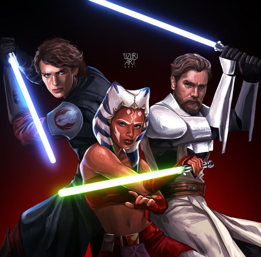 ahsoka tano, obi-wan kenobi, and anakin skywalker (star wars and 1 more) drawn by uzuri_art