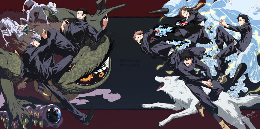 gojou satoru, itadori yuuji, fushiguro megumi, kugisaki nobara, getou suguru, and 2 more (jujutsu kaisen) drawn by incho_(hiwaintyo)