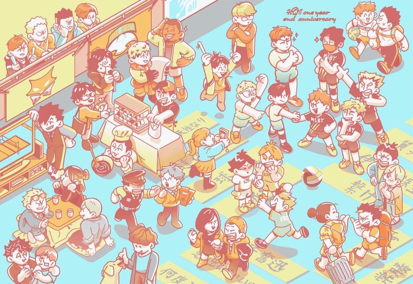 hinata shouyou, bokuto koutarou, kuroo tetsurou, kozume kenma, akaashi keiji, and 22 more (haikyuu!!) drawn by jade_poon_(pooniverse)