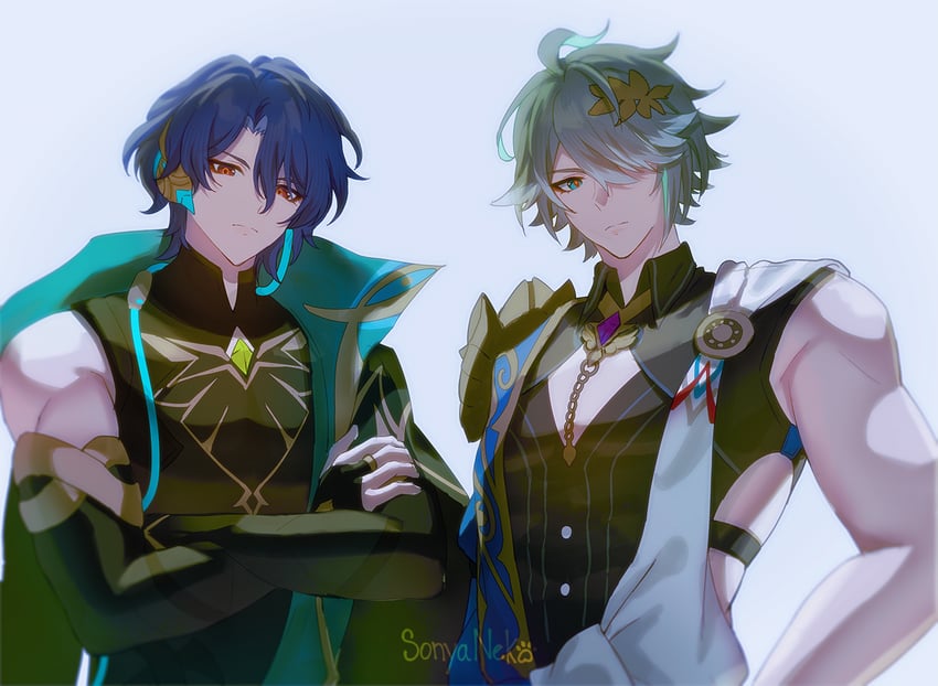 alhaitham and dr. ratio (genshin impact and 3 more) drawn by sonyaneko