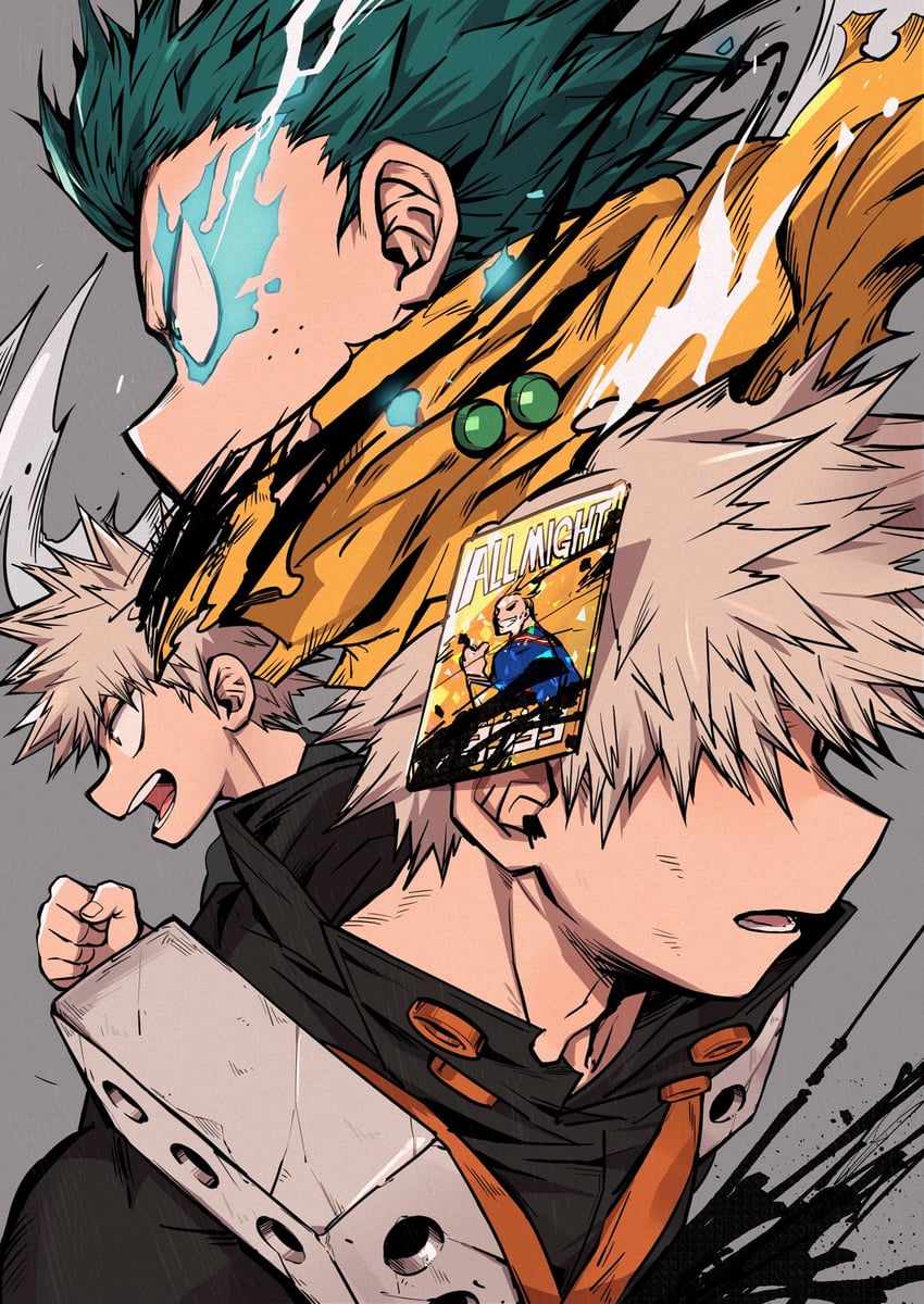 midoriya izuku, bakugou katsuki, and all might (boku no hero academia) drawn by chiyaya