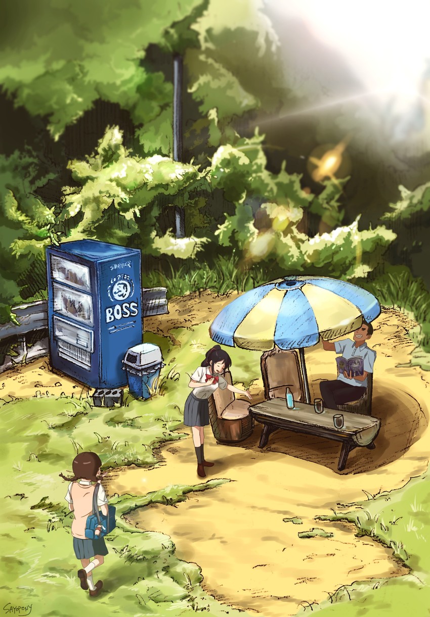 miyamizu mitsuha, teshigawara katsuhiko, and natori sayaka (kimi no na wa.) drawn by sayopony