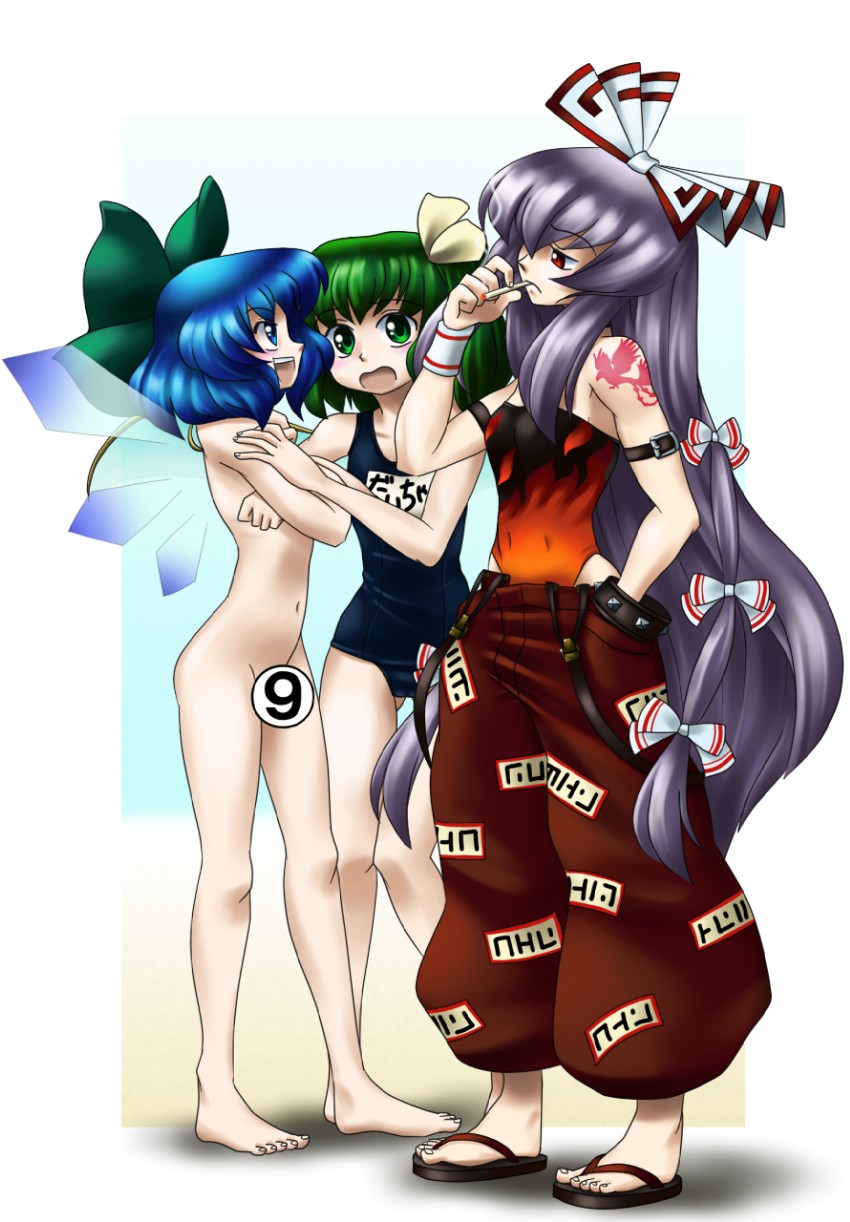 cirno, fujiwara no mokou, and daiyousei (touhou) drawn by raionsan
