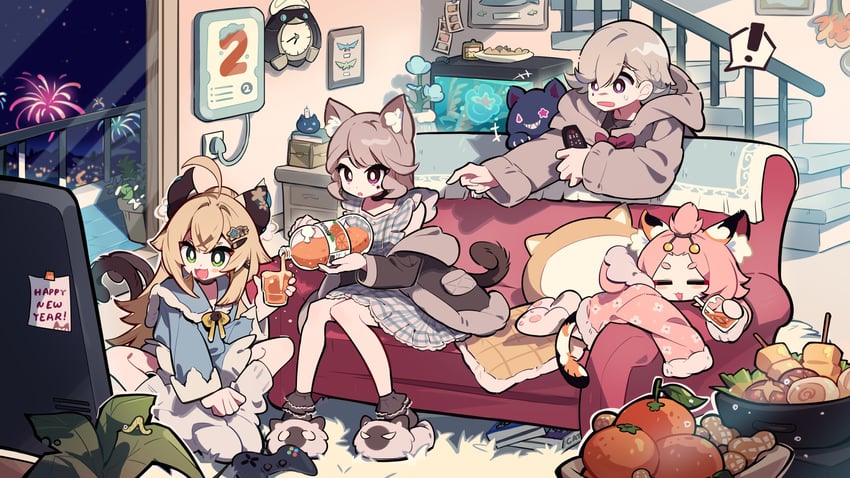 lynette, lyney, kirara, and diona (genshin impact) drawn by meadow_(morphinecaca)