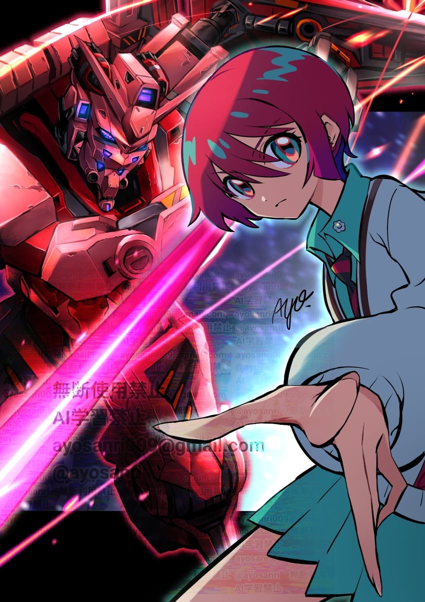 amate yuzuriha and red gundam (gundam and 1 more) drawn by ayo_(ayosanri009)