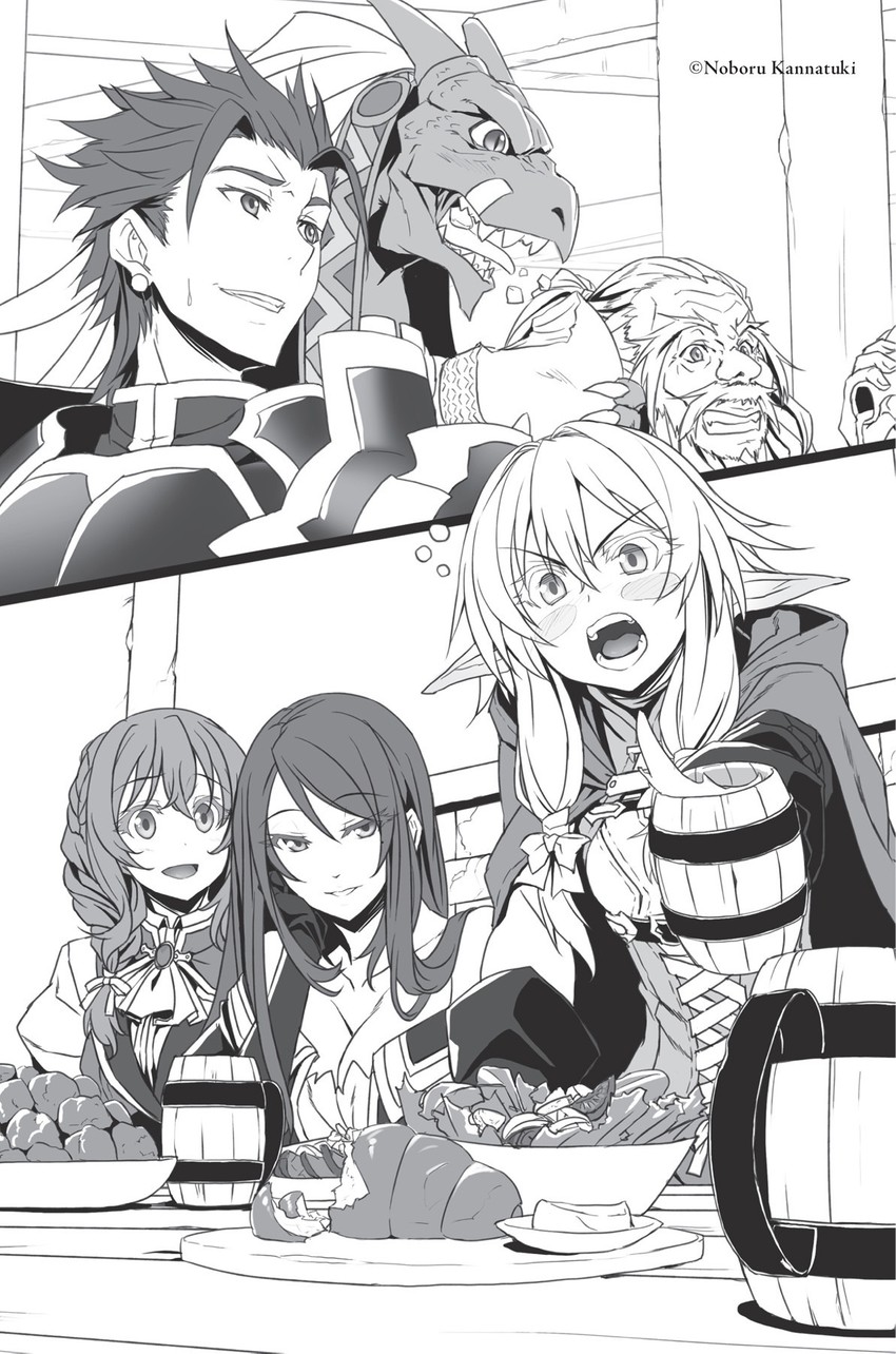 high elf archer, guild girl, witch, lizard priest, dwarf shaman, and 1 more (goblin slayer!) drawn by kannatsuki_noboru