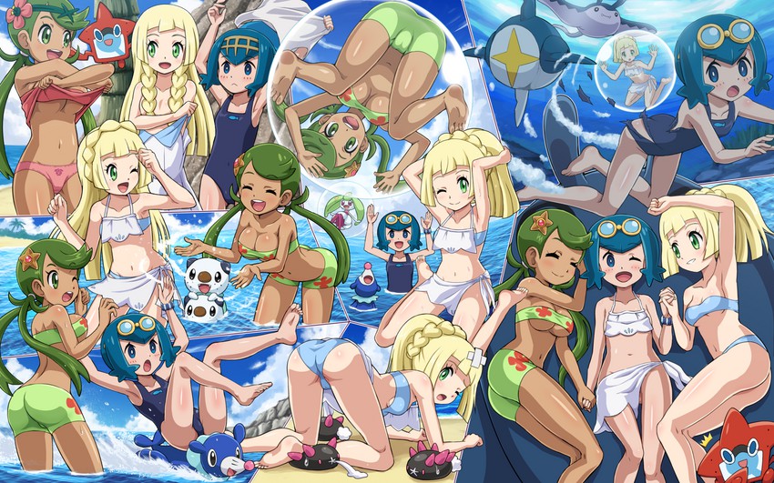 lillie, rotom, lana, mallow, oshawott, and 7 more (pokemon and 1 more) drawn by pokemoa