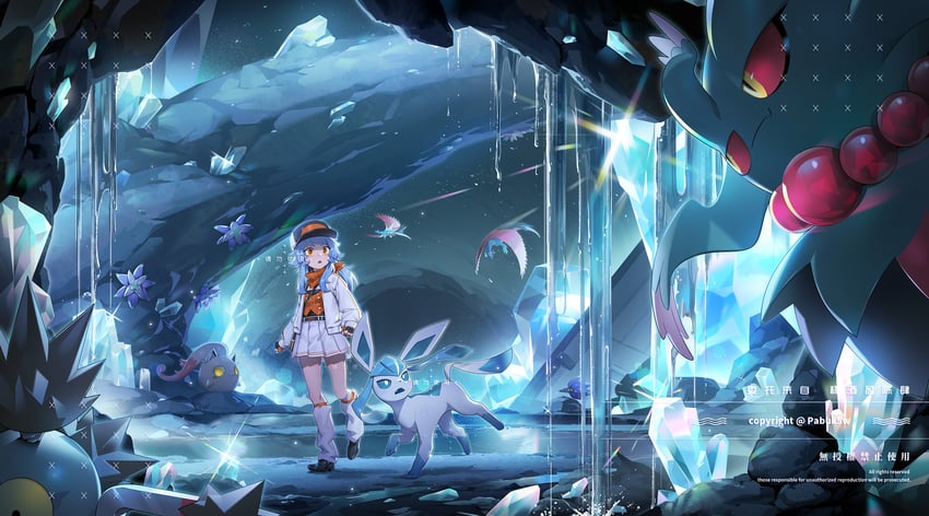 glaceon, scream tail, flutter mane, glimmora, roaring moon, and 1 more (original and 1 more) drawn by pabuk5w