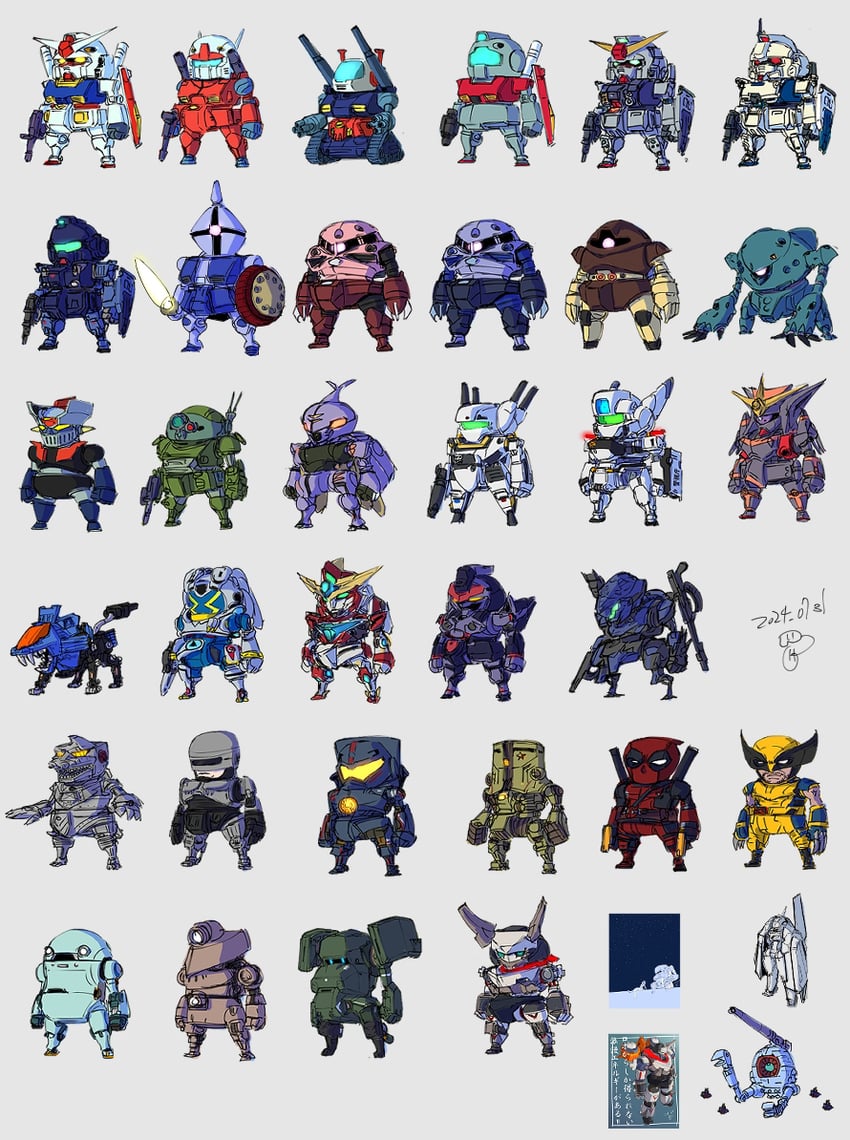 wolverine, deadpool, rx-78-2 gundam, bravern, mazinger z, and 28 more (original and 27 more) drawn by moi_moi7