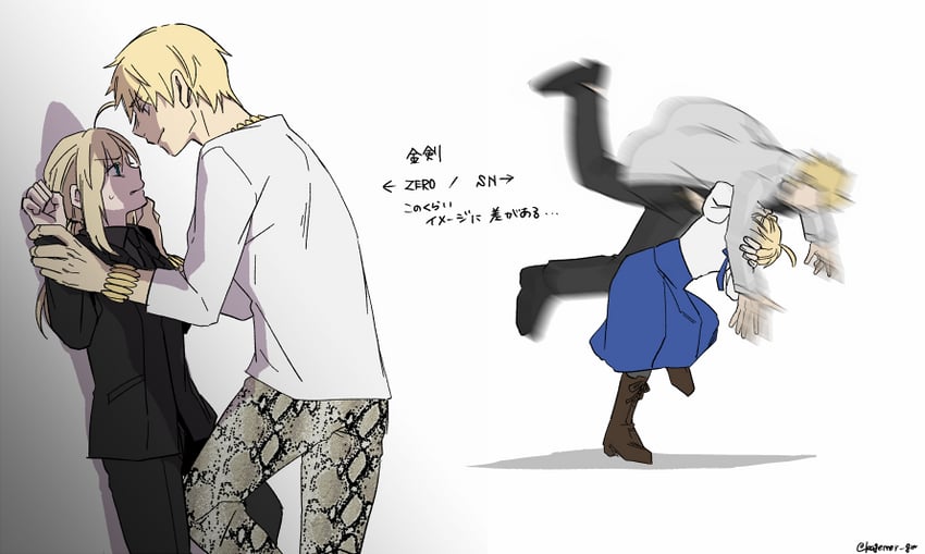 artoria pendragon, saber, and gilgamesh (fate and 2 more) drawn by moonlight_0423