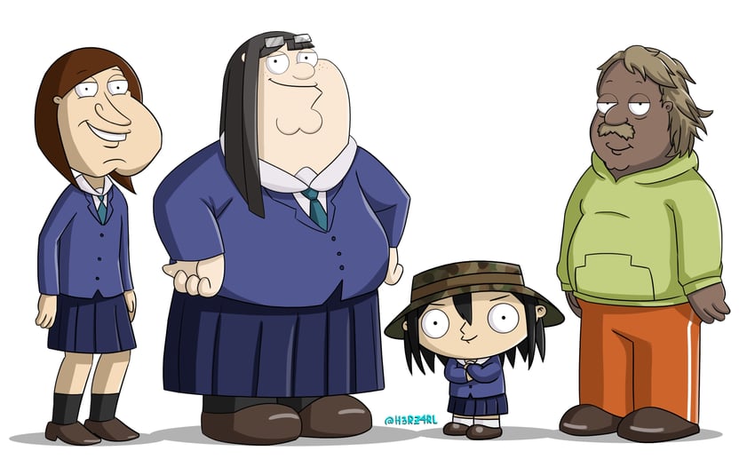 kanamori sayaka, asakusa midori, peter griffin, mizusaki tsubame, glenn quagmire, and 3 more (eizouken ni wa te wo dasu na! and 1 more) drawn by h3rz4rl