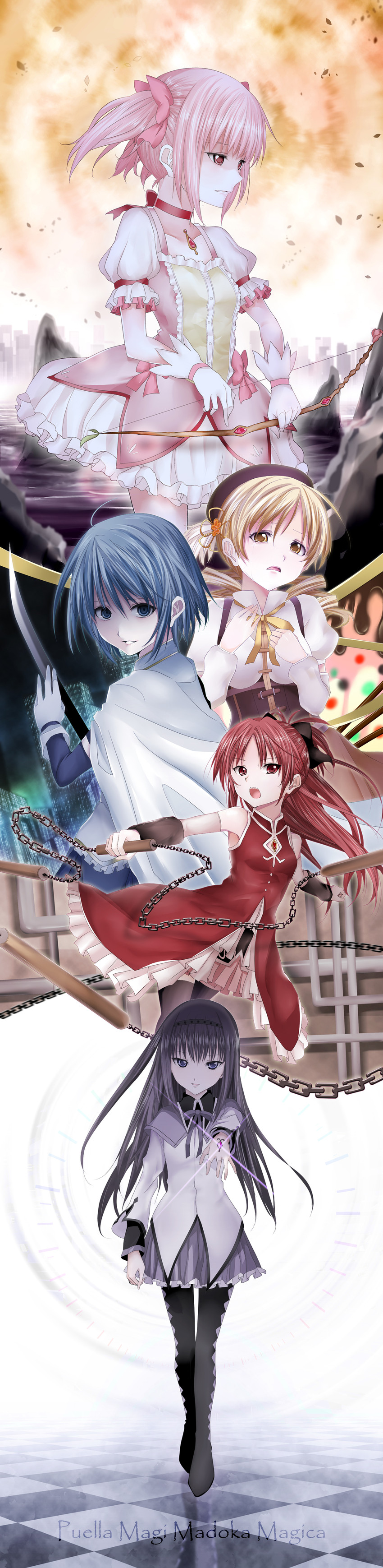 akemi homura, kaname madoka, miki sayaka, sakura kyoko, and tomoe mami (mahou shoujo madoka magica) drawn by shichouson