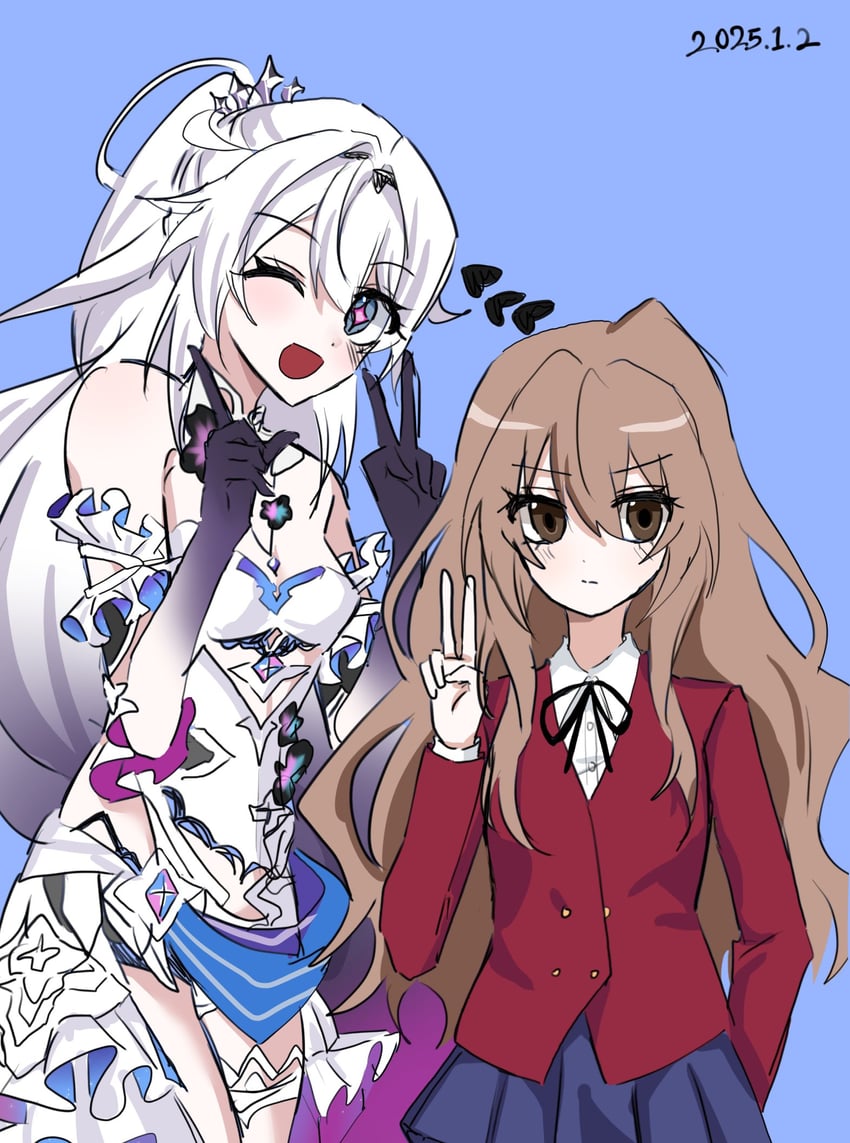 kiana kaslana, aisaka taiga, and kugimiya rie (honkai and 2 more) drawn by kie0x